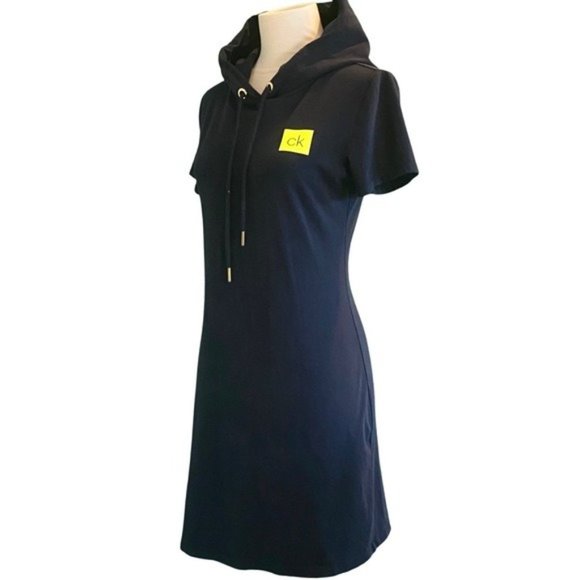Calvin Klein Dresses & Skirts - Calvin Klein Short Sleeve Hoodie Navy Blue Cotton Knit Logo T-Shirt Dress Size S